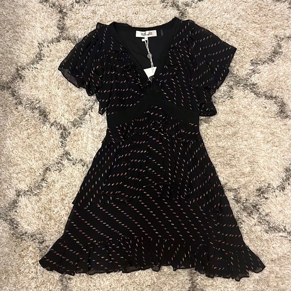 Diane Von Furstenburg Danni chiffon mini dress. Black multi. Size 0. New.